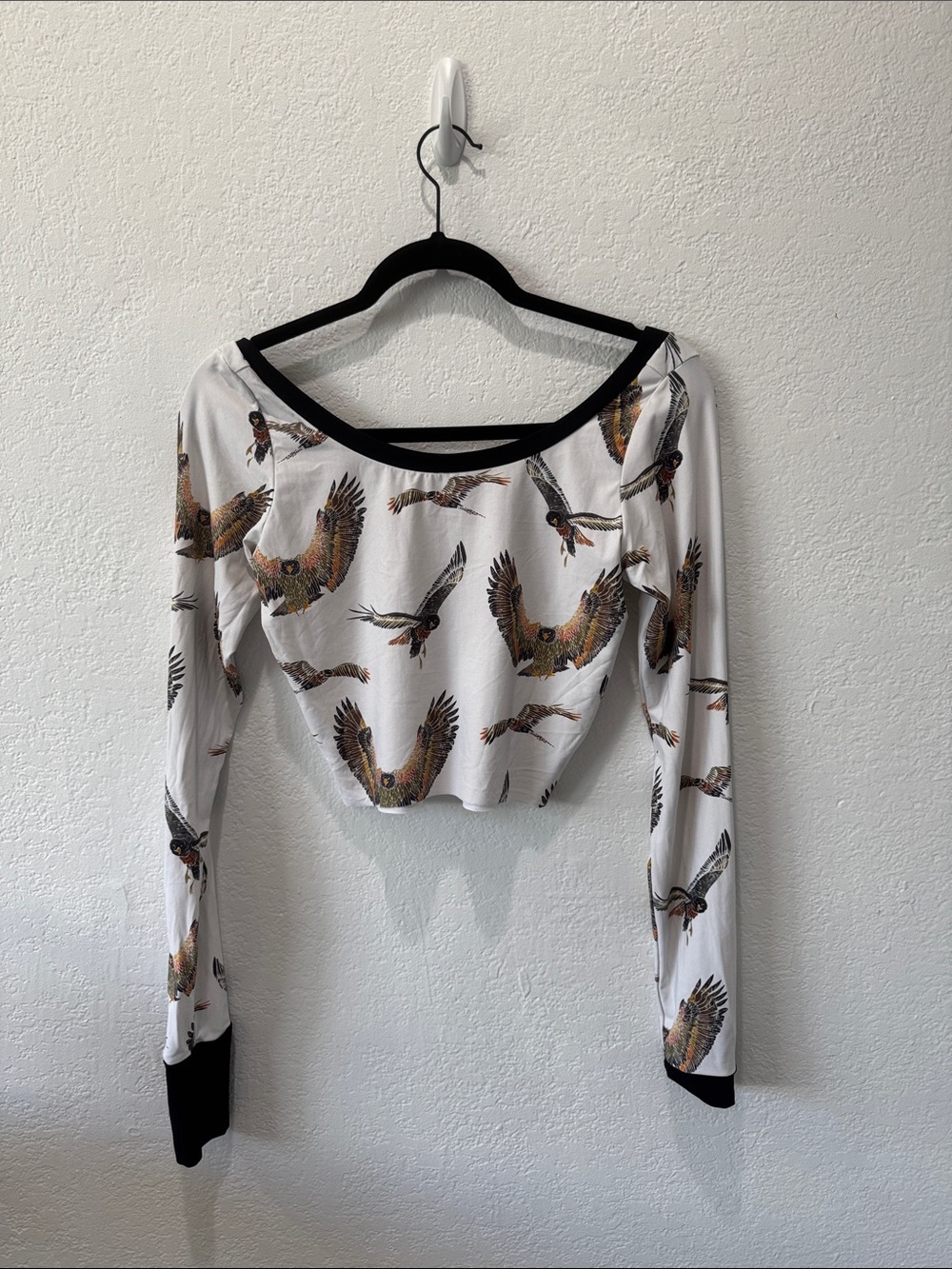 Boys + Arrows White Eagle-Print Long-Sleeve Crop Swim Top with Black Trim RARE